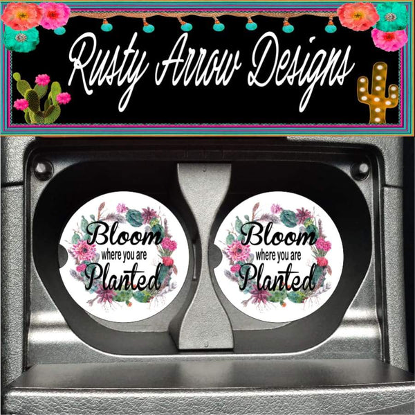 Succulent Wreath Bloom Where You are Planted Set of 2 Car Coasters - Car Coasters