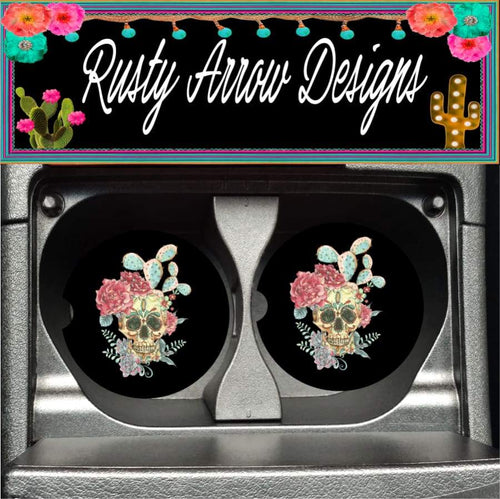 Sugar Skull with Cactus Set of 2 Car Coasters - Car Coasters