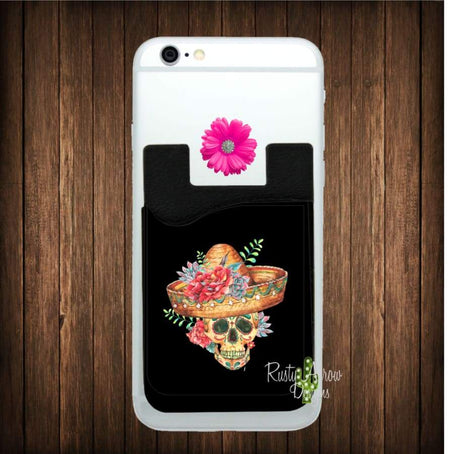 Black Skull with Flowers Cell Phone Card Caddy