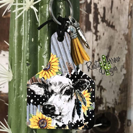 Black and White Stripe with Sunflowers Livestock Ear Tag Key Chain