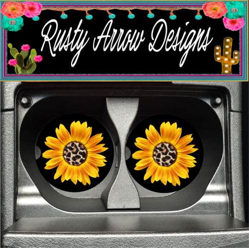 Sunflower with Cheetah Center Set of 2 Car Coasters - Car Coasters
