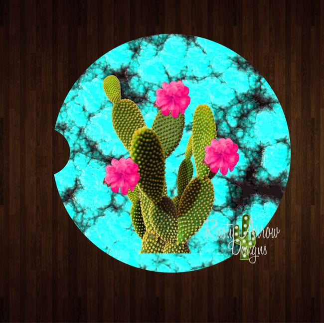 Turquoise and Cactus Set of 2 Car Coasters - Car Coasters