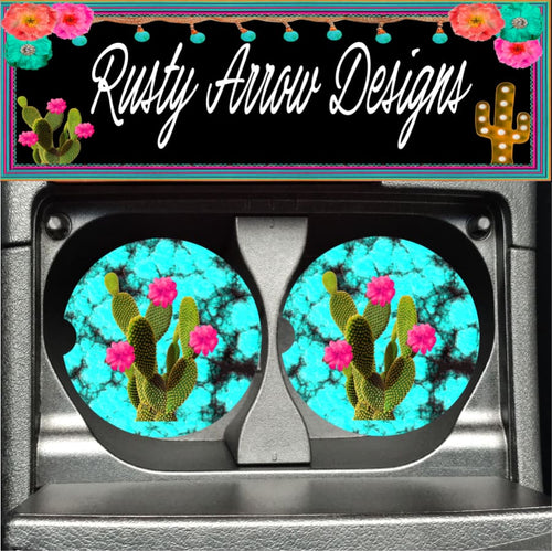 Turquoise and Cactus Set of 2 Car Coasters - Car Coasters