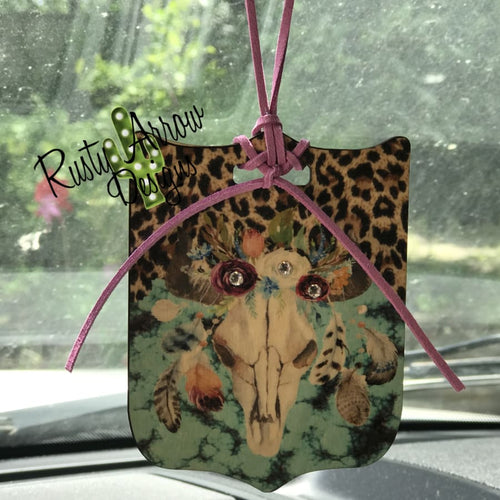 Turquoise and Cheetah Bull Skull Rear View Mirror Charm Bag Tag or Christmas Ornament