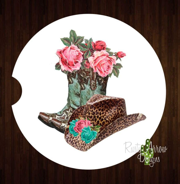 Turquoise and Cheetah Cowgirl Set of 2 Car Coasters - Car Coasters