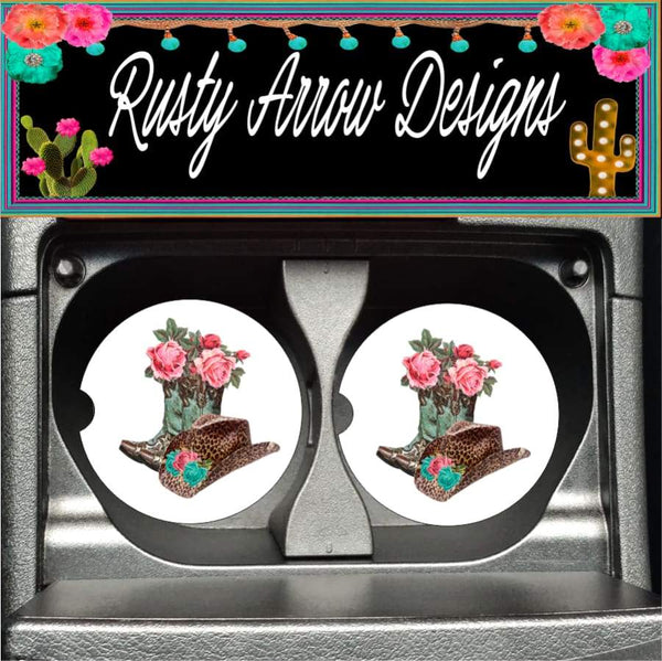 Turquoise and Cheetah Cowgirl Set of 2 Car Coasters - Car Coasters