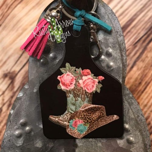 Turquoise Boots and Cheetah Livestock Ear Tag Key Chain