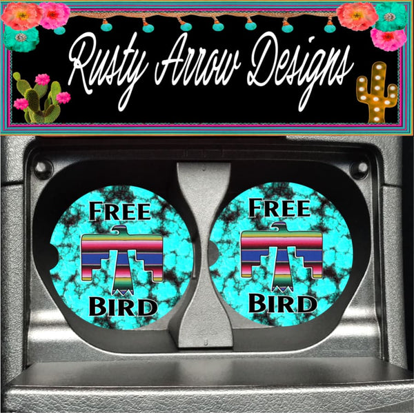 Turquoise Free Bird Set of 2 Car Coasters - Car Coasters
