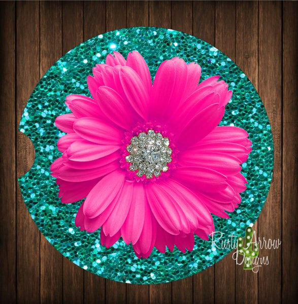 Turquoise Glitter with Pink Daisy Set of 2 Car Coasters - Car Coasters