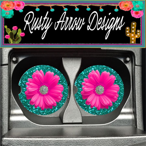 Turquoise Glitter with Pink Daisy Set of 2 Car Coasters - Car Coasters