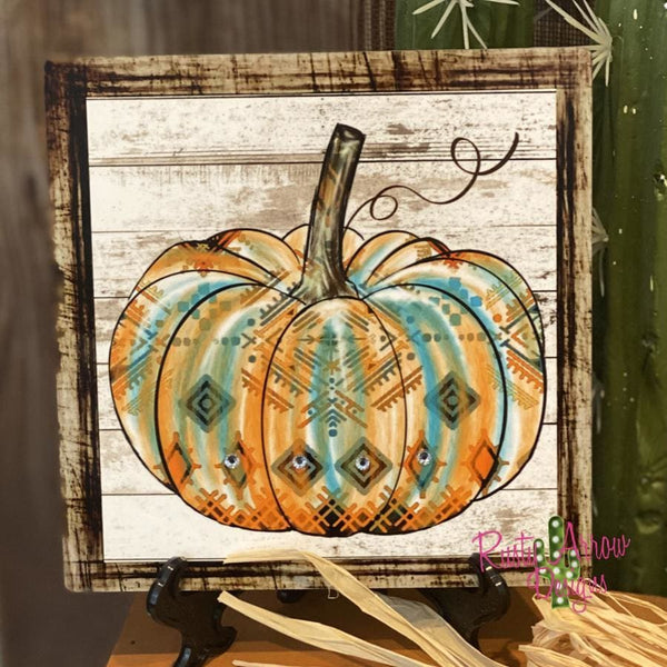 Turquoise Orange and Cream Aztec Pumpkin Tiered Tray Sign/ Picture
