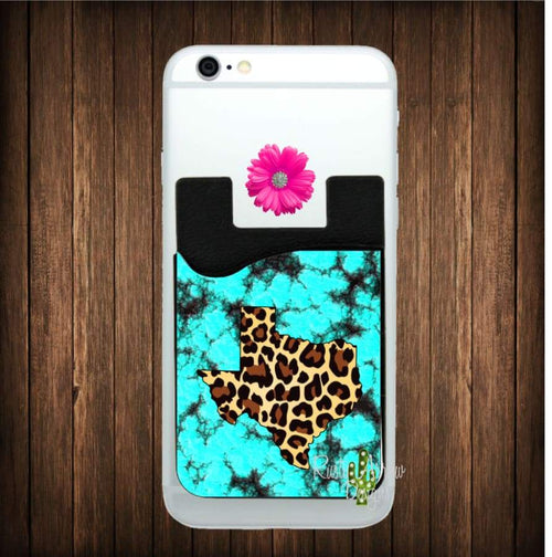 Turquoise Stone with Cheetah Texas Cell Phone Card Caddy - Card Caddy