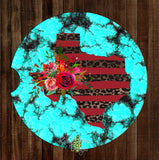 Turquoise with Red Cheetah Texas Set of 2 Car Coasters - Car Coasters