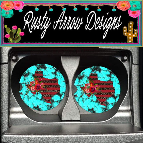 Turquoise with Red Cheetah Texas Set of 2 Car Coasters - Car Coasters