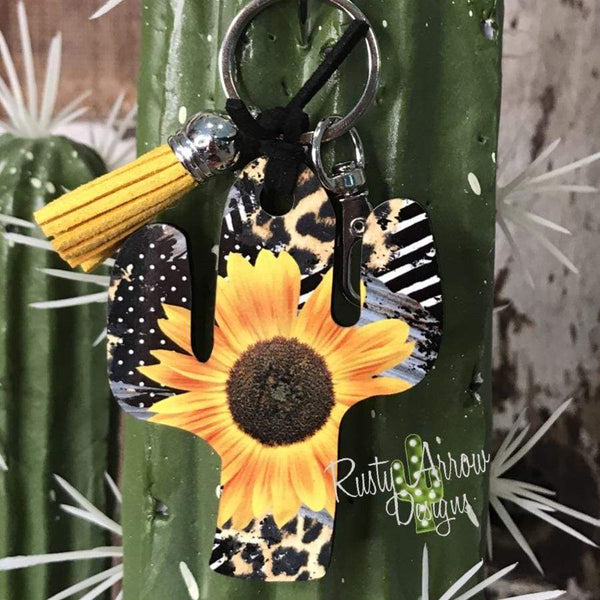 Vintage Cheetah Sunflower Cactus Key Chain