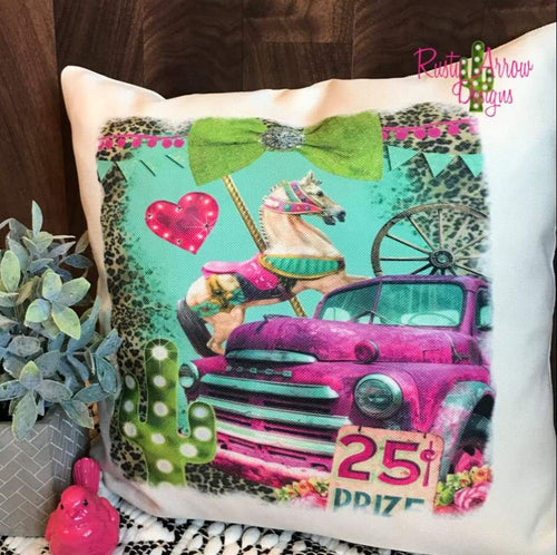 Vintage Truck and Carasoul Horse Pillow Cover - Pillow