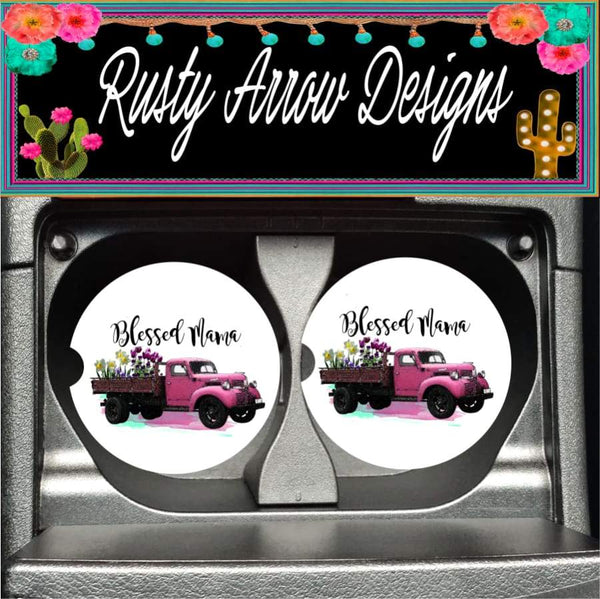 Vintage Truck Blessed Mama Set of 2 Car Coasters - Car Coasters