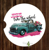 Vintage Truck Jesus Take The Wheel Set of 2 Car Coasters - Car Coasters