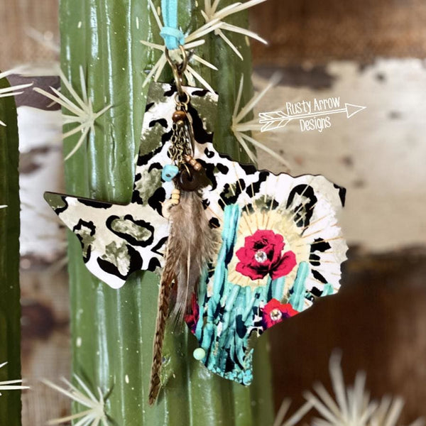 Watercolor Cheetah Cactus Texas Rear View Mirror Hanger Christmas Ornament Bag Tag