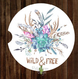 Wild and Free Feathers and Succulent Set of 2 Car Coasters - Car Coasters